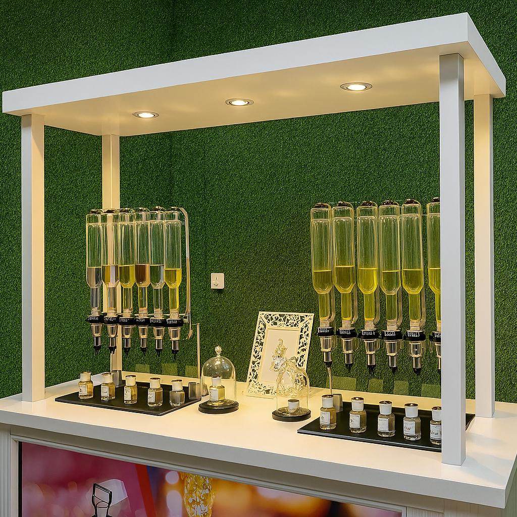 Perfume Booth setup in Dubai featuring a branded fragrance bar with colorful dispensers, interactive screen, and artificial grass backdrop for events and exhibitions
